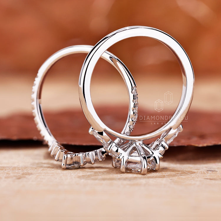 Tiara Wedding Band adding a regal touch to your bridal set.
