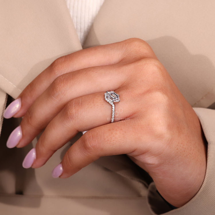Handmade engagement ring with hexagon center and low setting design.