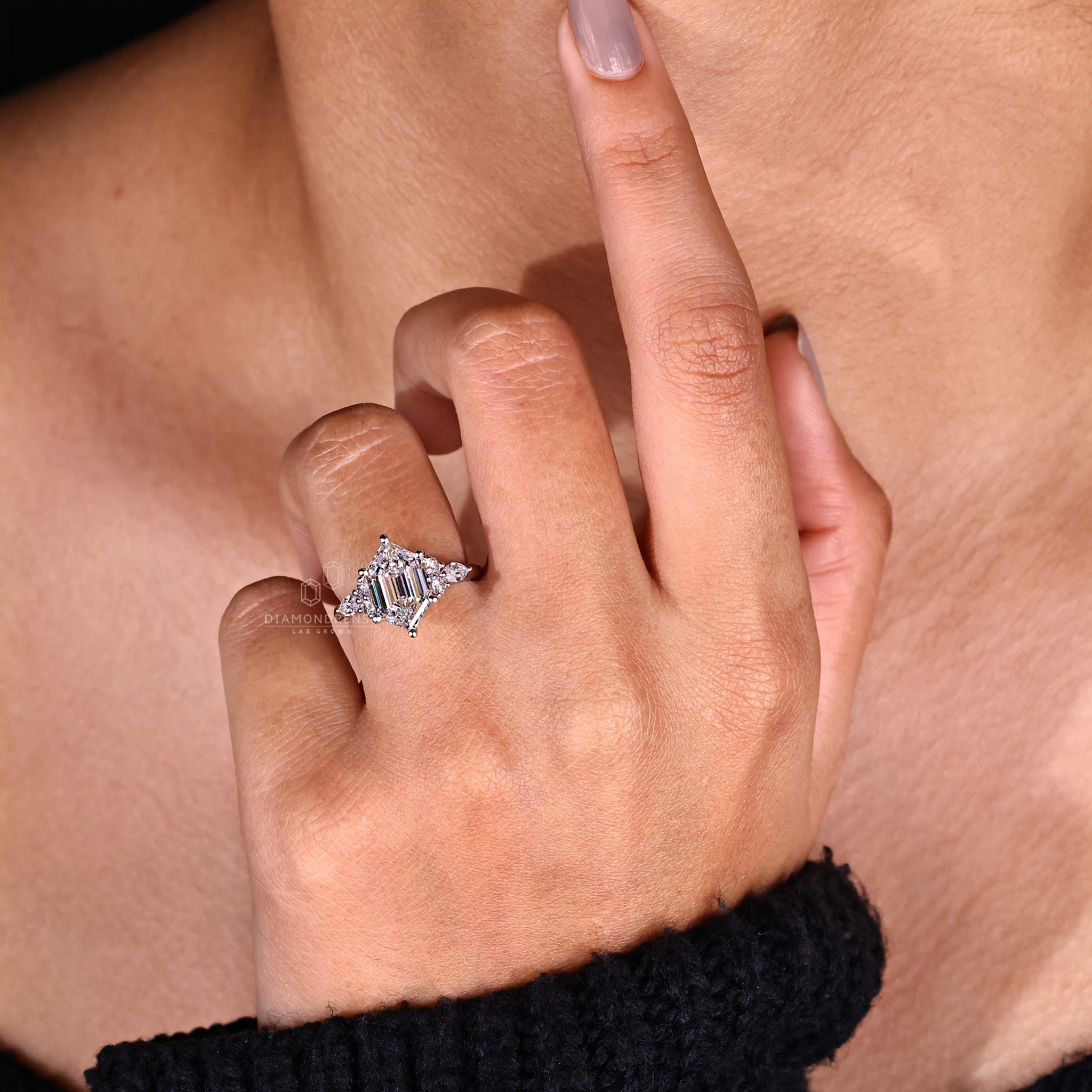 A stylish 6-prong engagement ring adorned with a step-cut hexagon diamond, representing timeless elegance and romance.