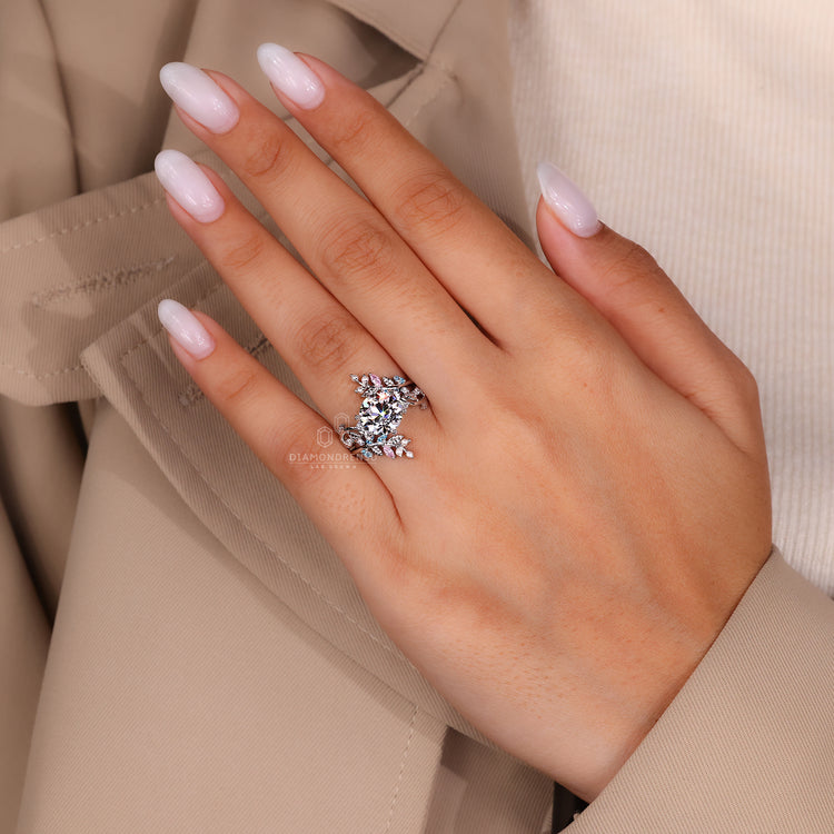 Handmade jewelry with a six leaf style prong ring.
