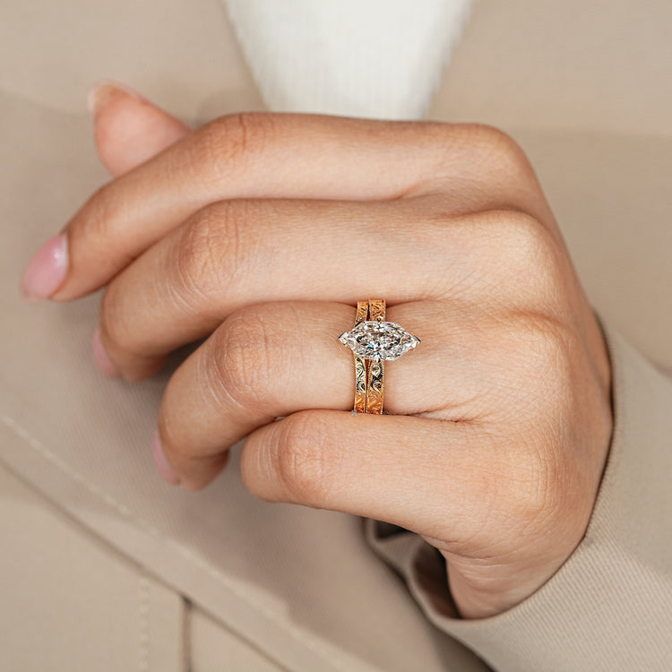 Stackable Dutch marquise bridal set in Art Deco style.