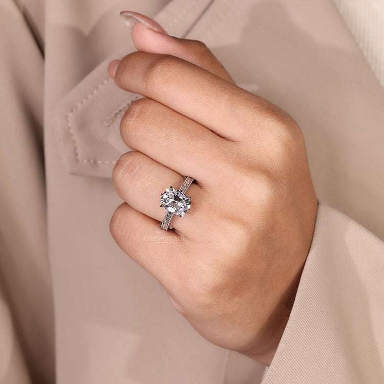 Cushion Old Mine Diamond Ring With Eight Claw Prong Setting.
