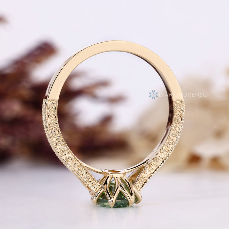 IGI certified lab grown green coffin cut diamond ring.