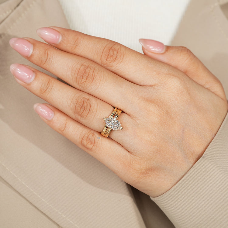 Art Deco lab grown diamond Dutch marquise bridal set.