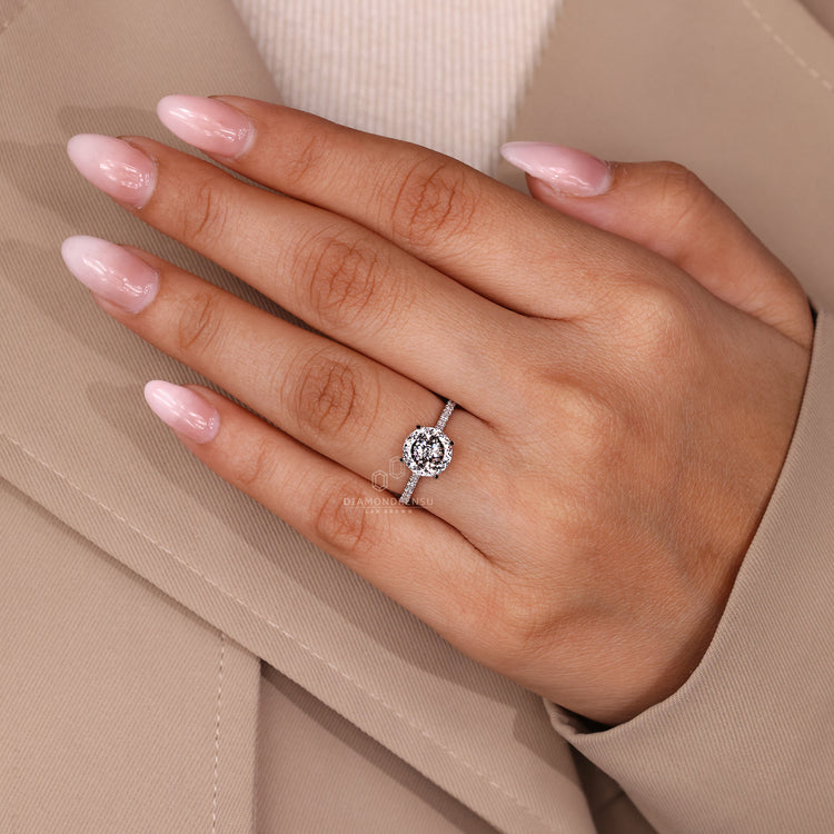 Lab grown diamond Portuguese cut ring with claw prong design.