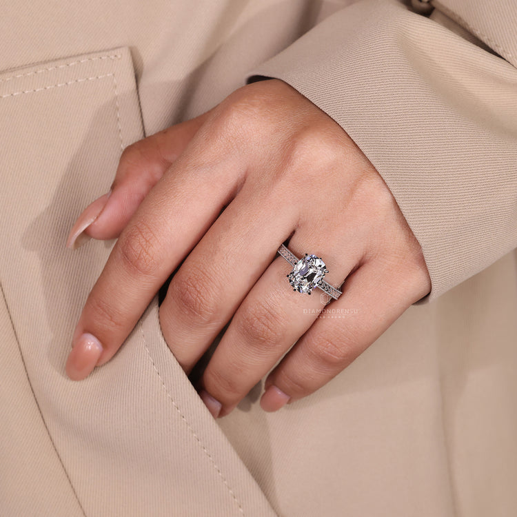Lab Grown Old Mine Cushion Diamond Ring With Filigree Detail.
