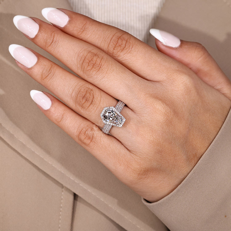 IGI certified coffin cut ring with lab grown diamond and vintage style accents.