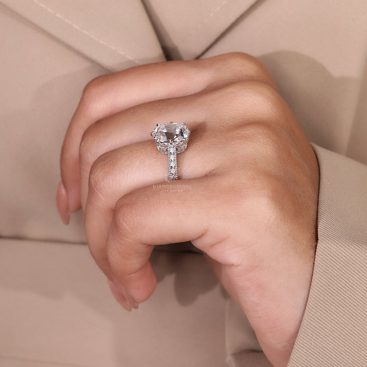 Cushion Old Mine Diamond Ring With Hand Engraved Filigree.
