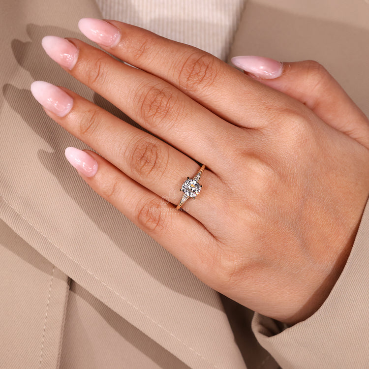 Four Claw Prong Old Mine Cut Diamond Ring With Side Accents.
