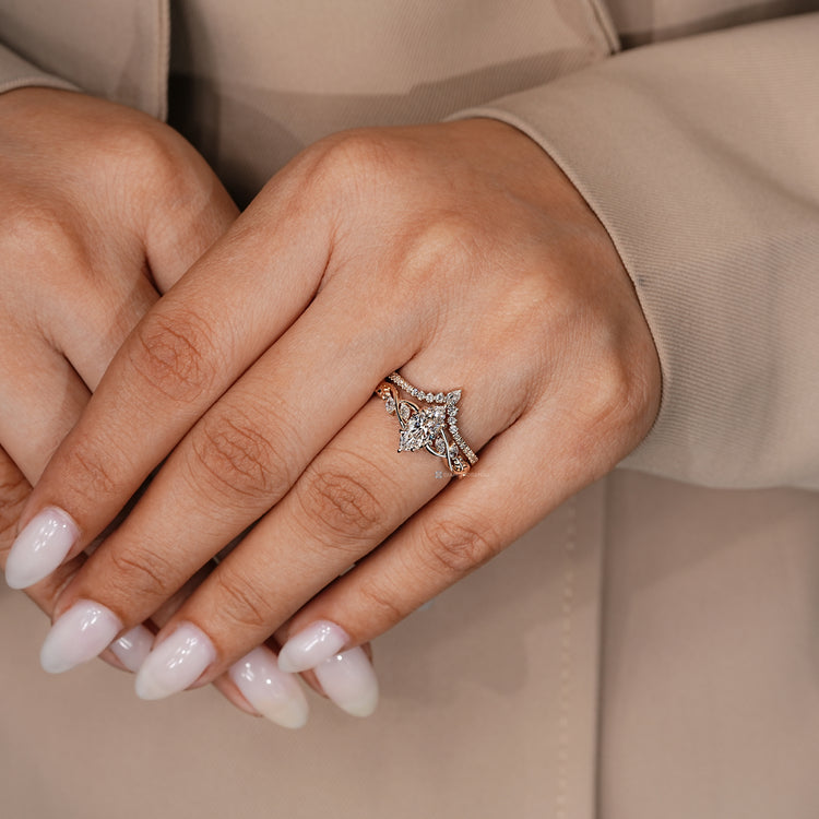 Stackable marquise bridal set in a nature inspired style.