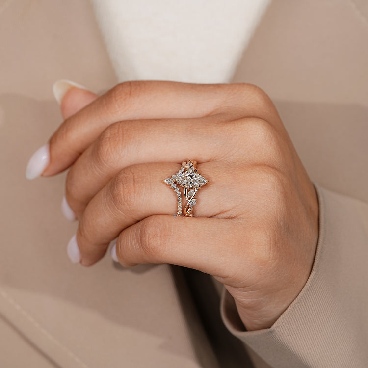Marquise bridal set with a V prong setting.