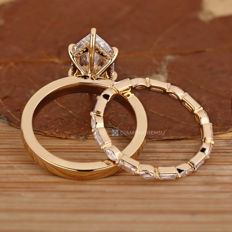 Bridal set combines the wedding ring and full eternity band.