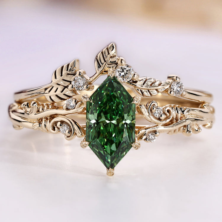 Green Dutch marquise bridal set with round side stones.