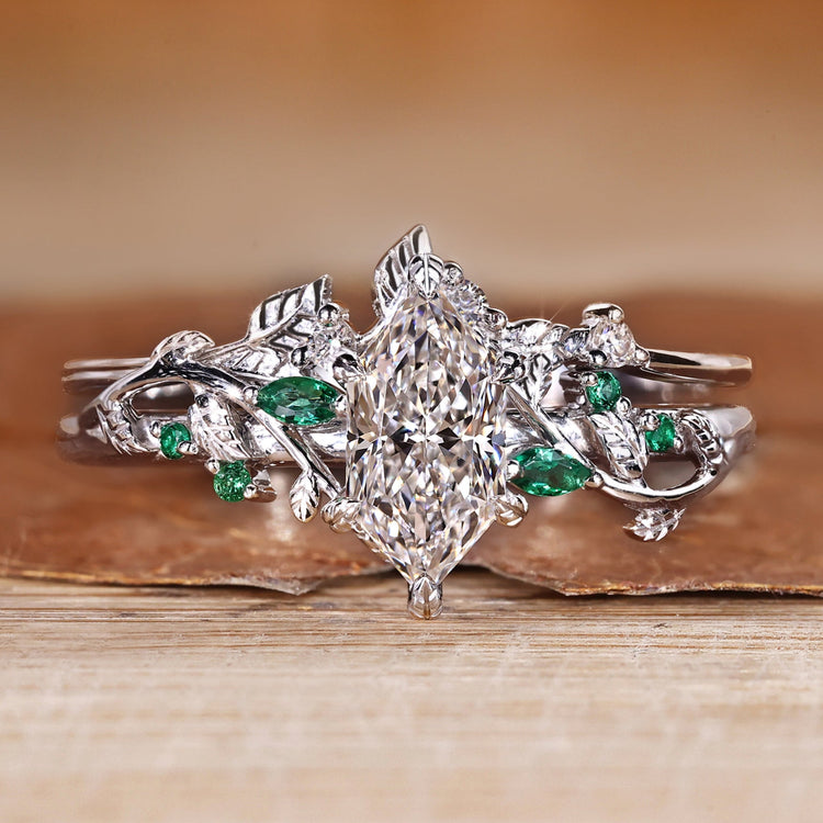 Diamond band wedding ring with nature inspired style and cluster setting.
