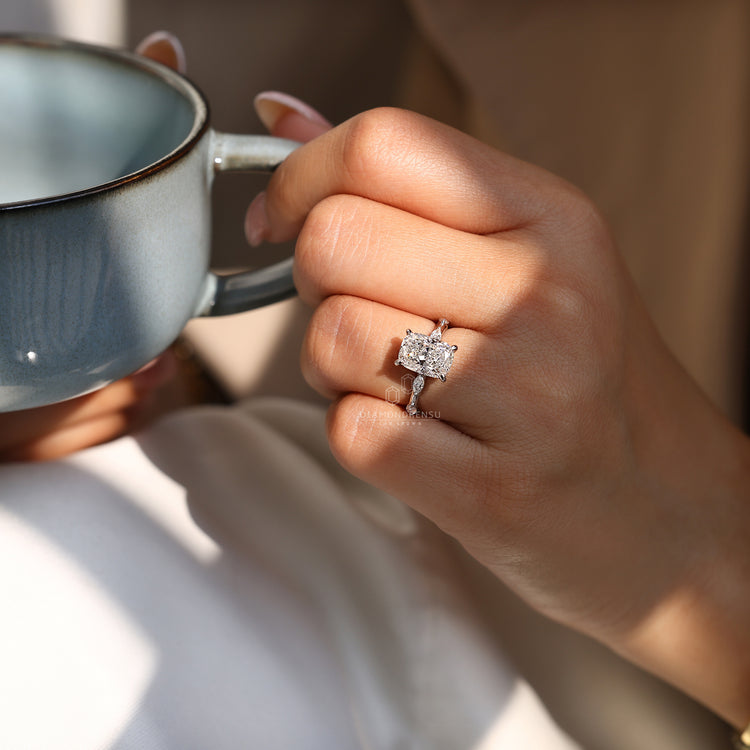 IGI certified elongated cushion cut ring with lab grown diamond.