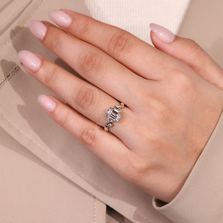 Handmade ring with emerald old european cut diamond and leaf prong style.
