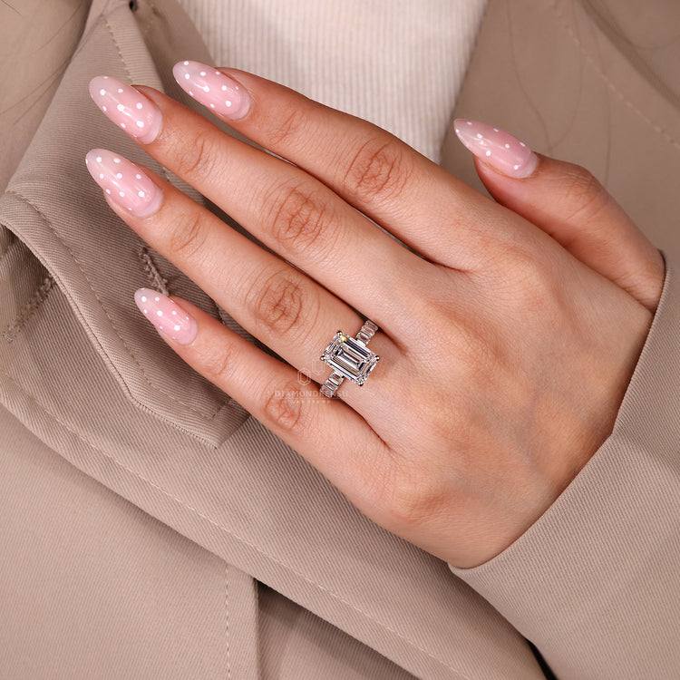 5 carat emerald cut diamond ring in handmade design.
