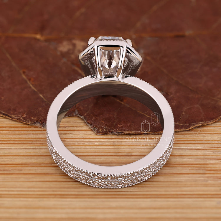 Coffin cut engagement ring with IGI certification and art deco details.