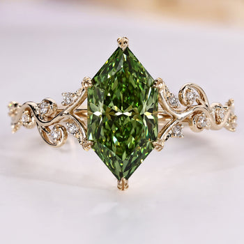 Nature inspired engagement ring with a green Dutch marquise.