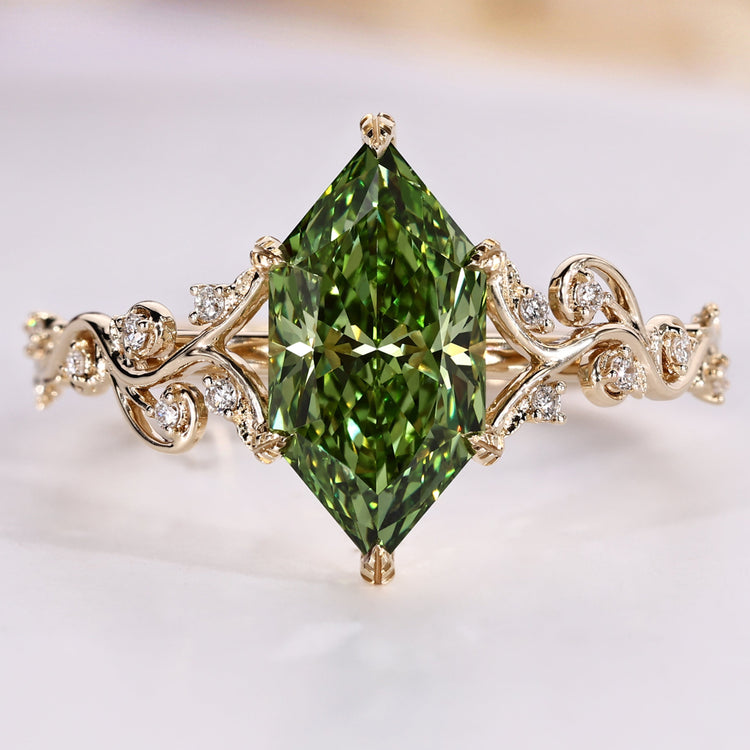 Nature inspired engagement ring with a green Dutch marquise.