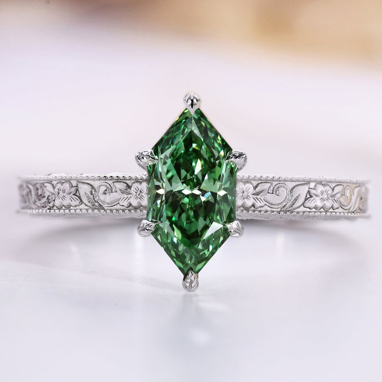 Green Dutch marquise diamond ring in Art Deco style.