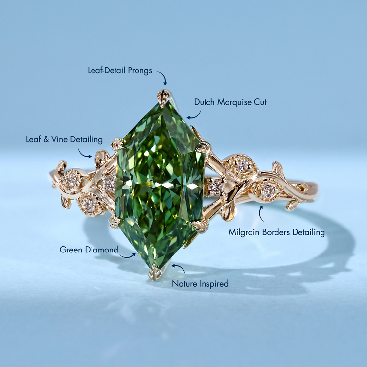 Green Dutch marquise diamond ring with milgrain details.