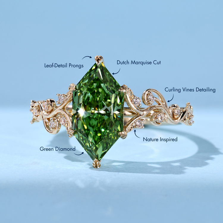 Green Dutch marquise engagement ring with a split shank.