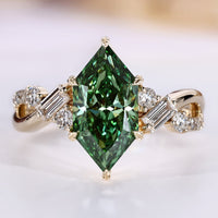 Dutch marquise diamond ring in green with baguette and round side stones.