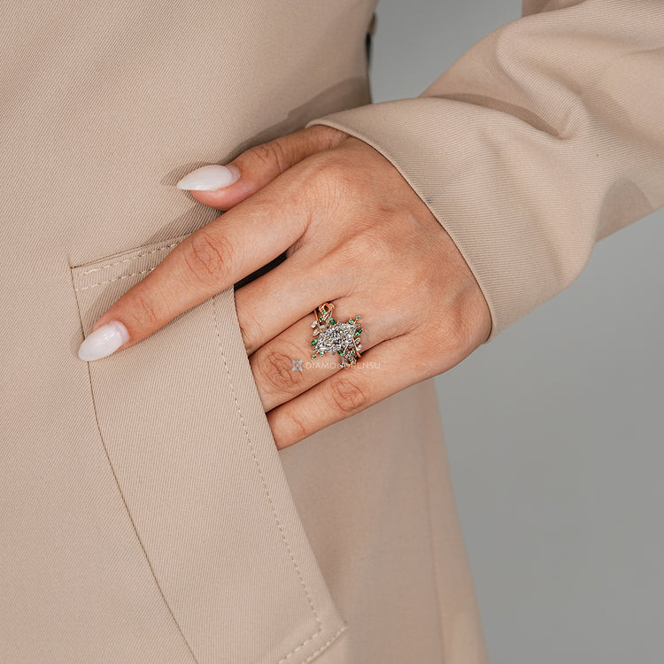 Nature inspired bridal set with a round cut band and bypass setting.
