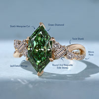 Green Dutch marquise diamond ring with six leaf style prong setting.