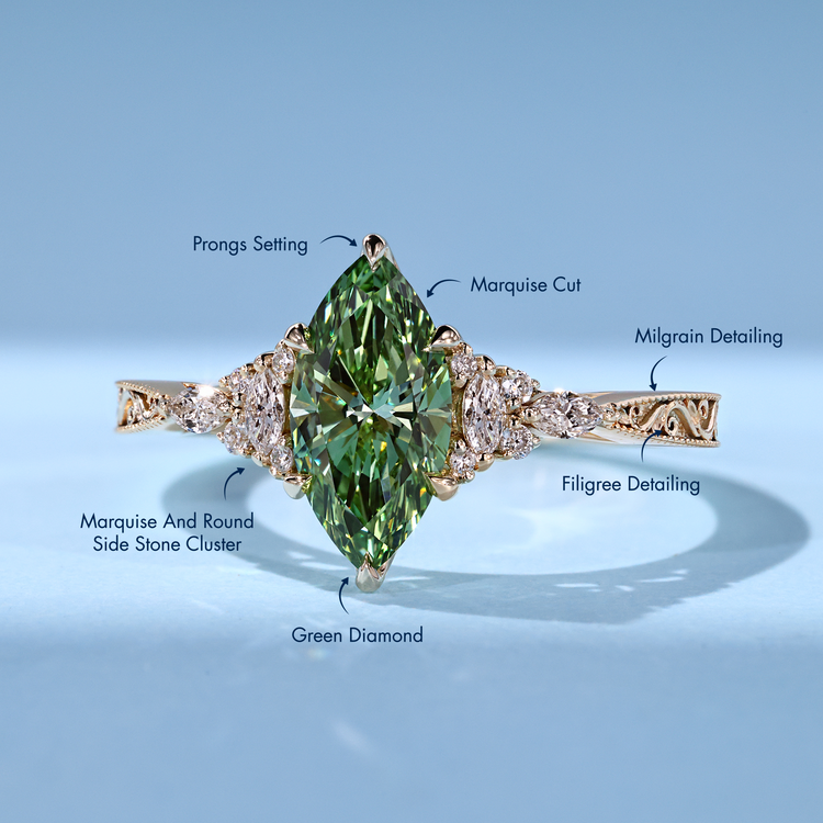 Green marquise diamond ring with a tulip setting.
