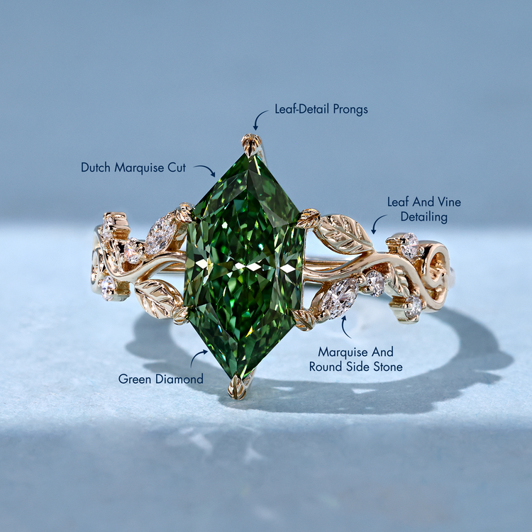 Handmade nature inspired Dutch marquise engagement ring with marquise side stones.