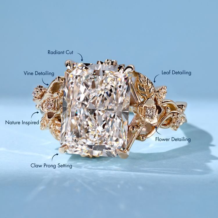 Diamondrensu handmade 5 carat radiant engagement ring with a flower design.
