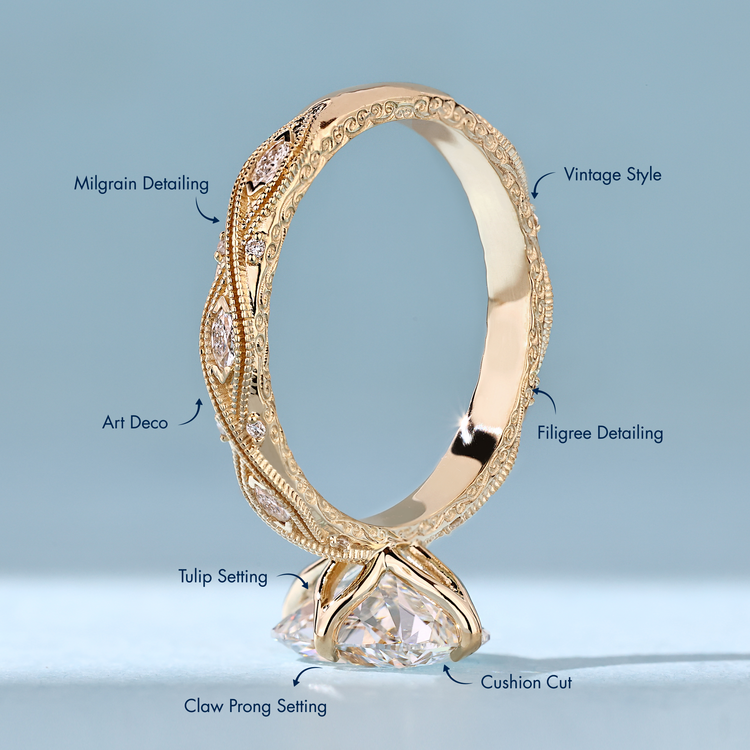 Vintage style Art Deco cushion cut diamond ring with a twisted shank.