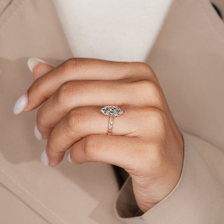 Lab grown marquise solitaire diamond ring.