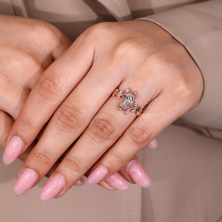 Lab grown coffin ring with bypass setting and secure prongs.
