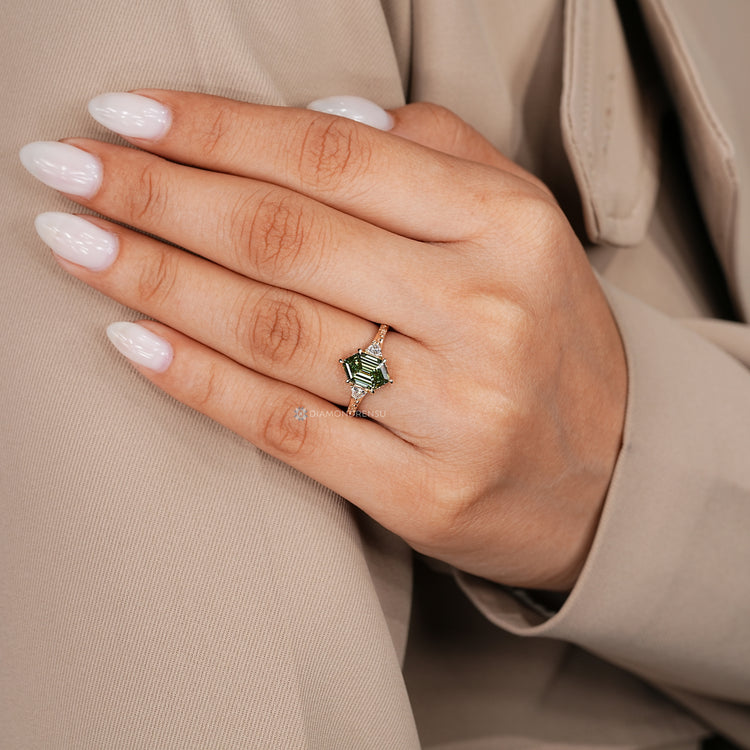 Art Deco three stone style hexagon shape diamond ring.