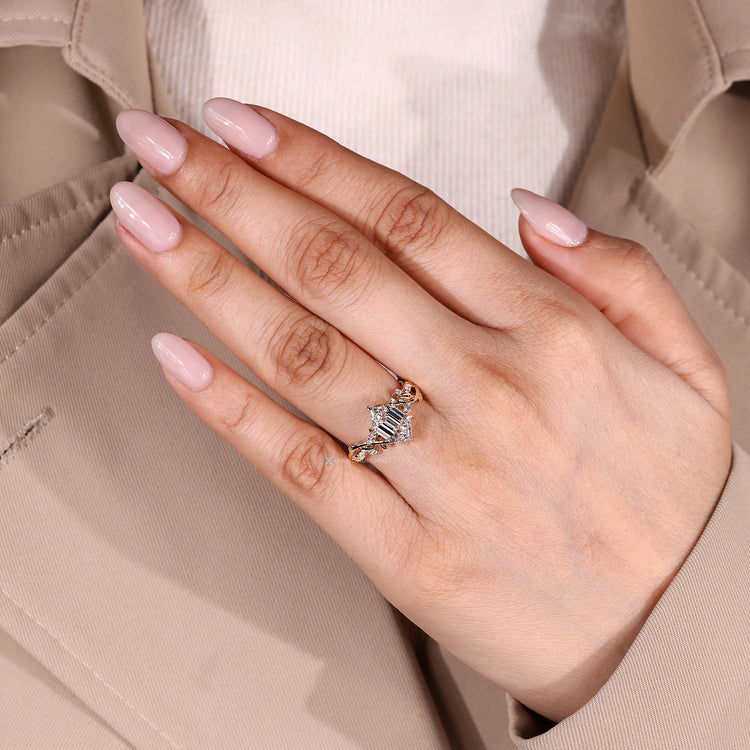 Nature inspired engagement ring with hexagon diamond design.