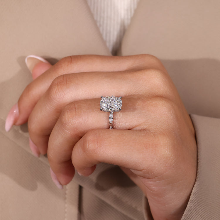 Elongated cushion cut ring with lab grown diamond and hidden halo.