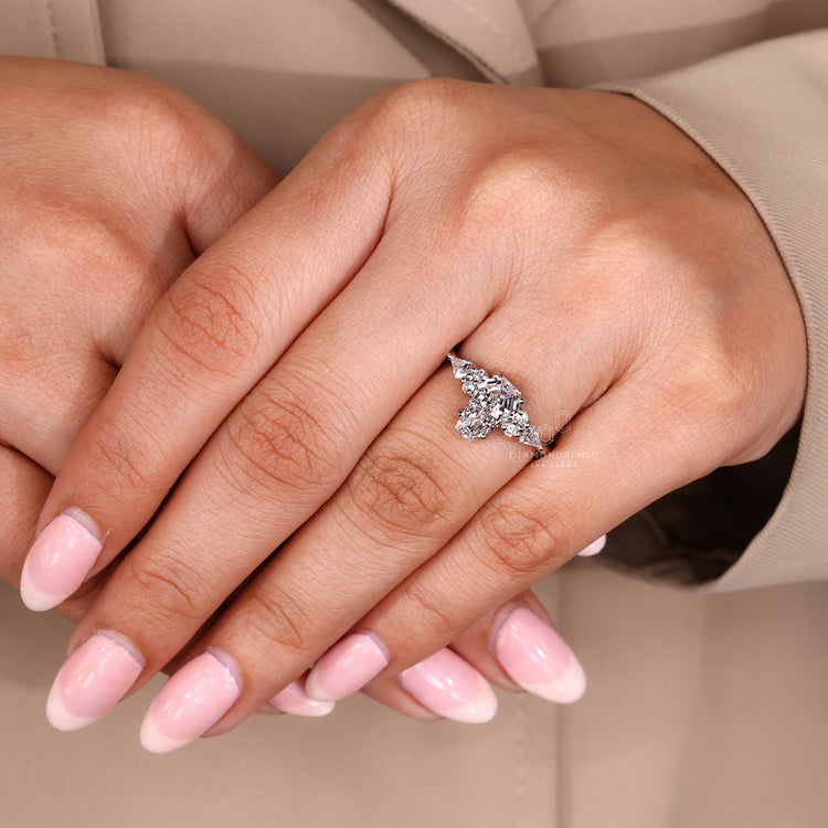 Lab grown diamond ring with coffin cut center stone.