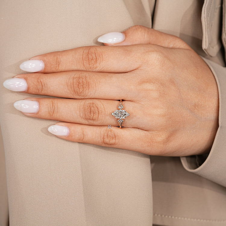 IGI certified lab grown Dutch marquise diamond ring.