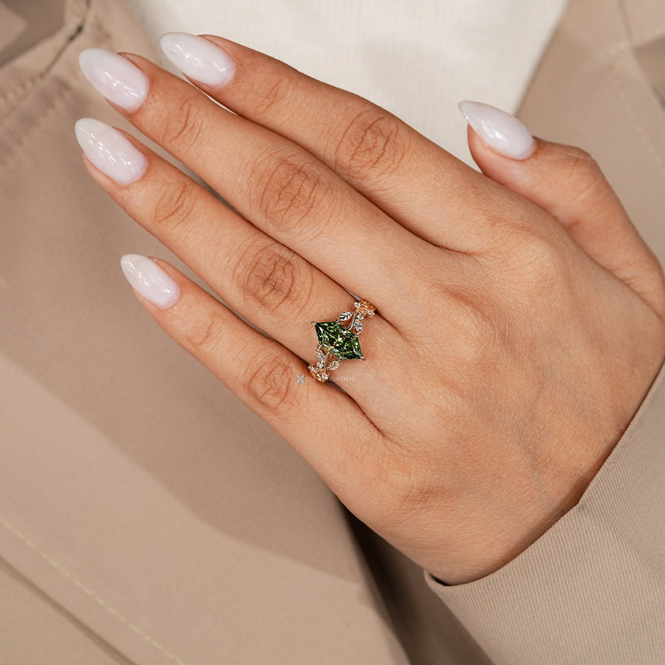 Nature inspired green Dutch marquise engagement ring.