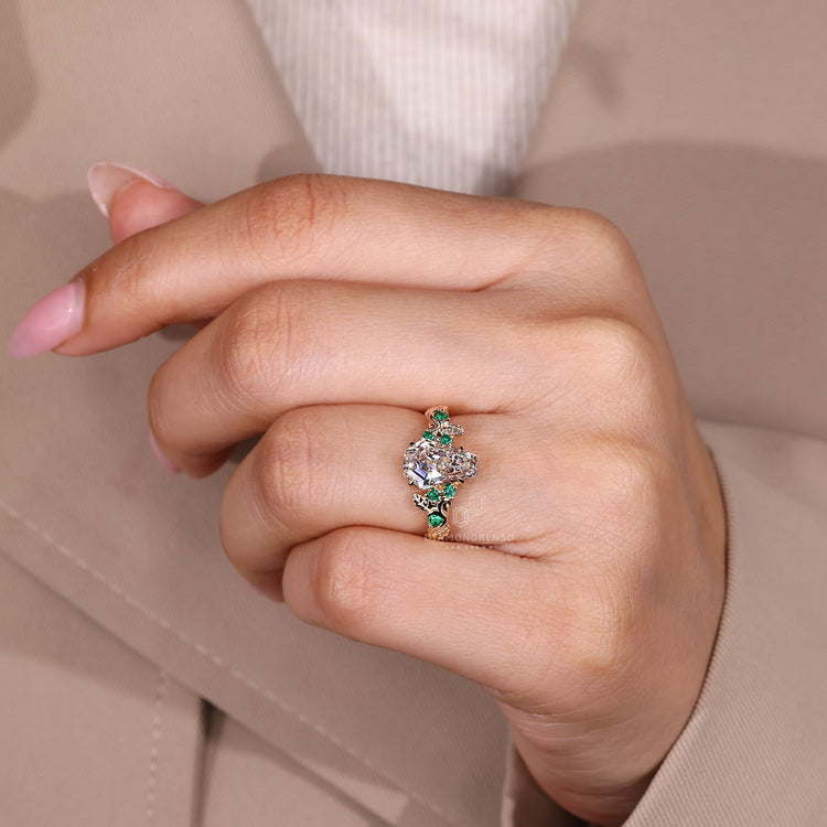 Handmade coffin engagement ring with four claw prong setting.