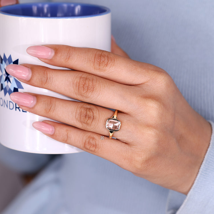 Handmade solitaire ring with cushion rose cut diamond.