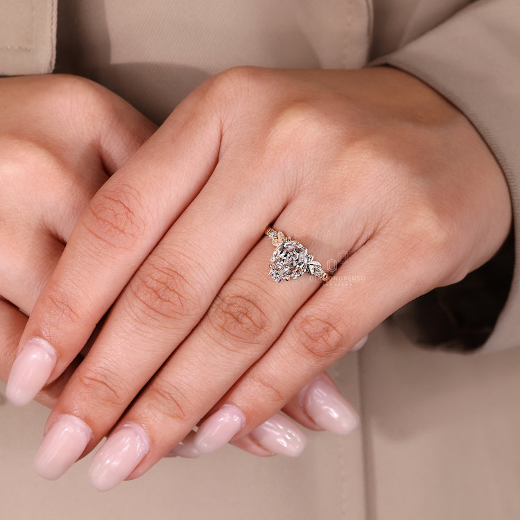 Lab grown diamond ring with coffin center and side accents.