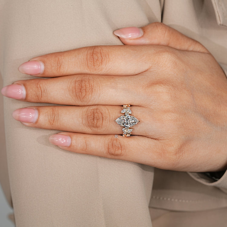 Marquise engagement ring with a six claw prong setting.