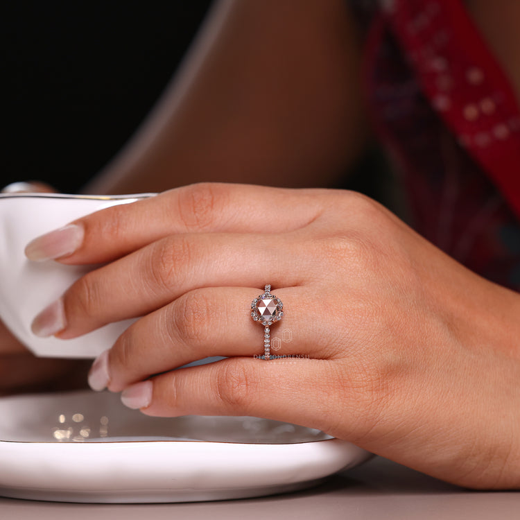 Pave setting ring with rose cut diamonds and custom design.
