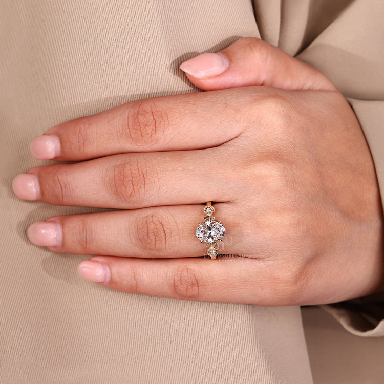 Lab Grown Diamond engagement ring with three stone and vintage details.
