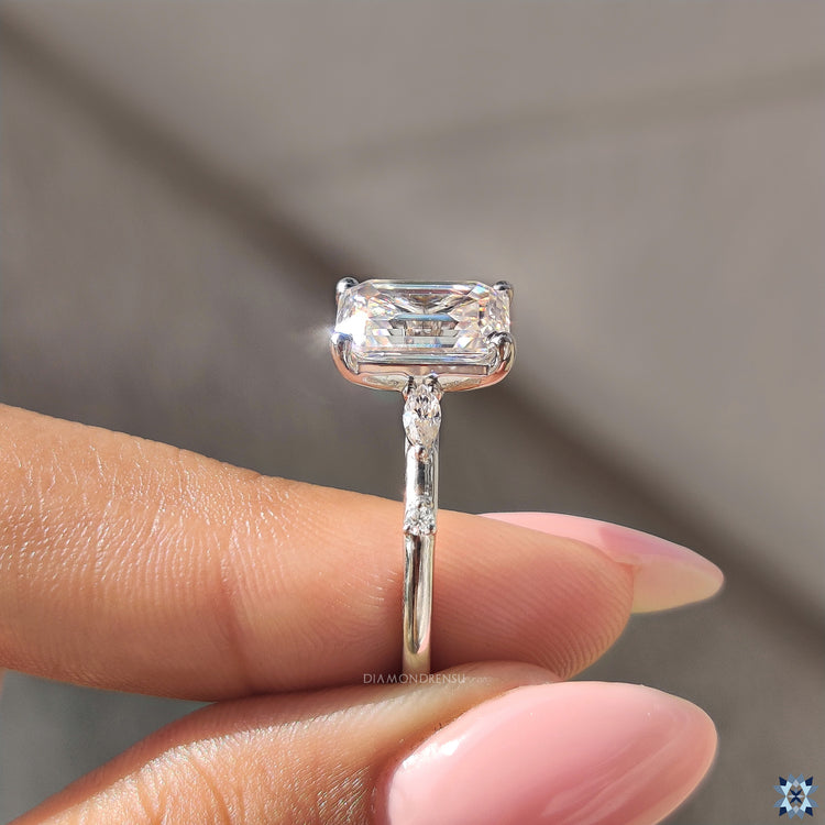 Muse ring One with an emerald cut moissanite stone for a classic feel.
