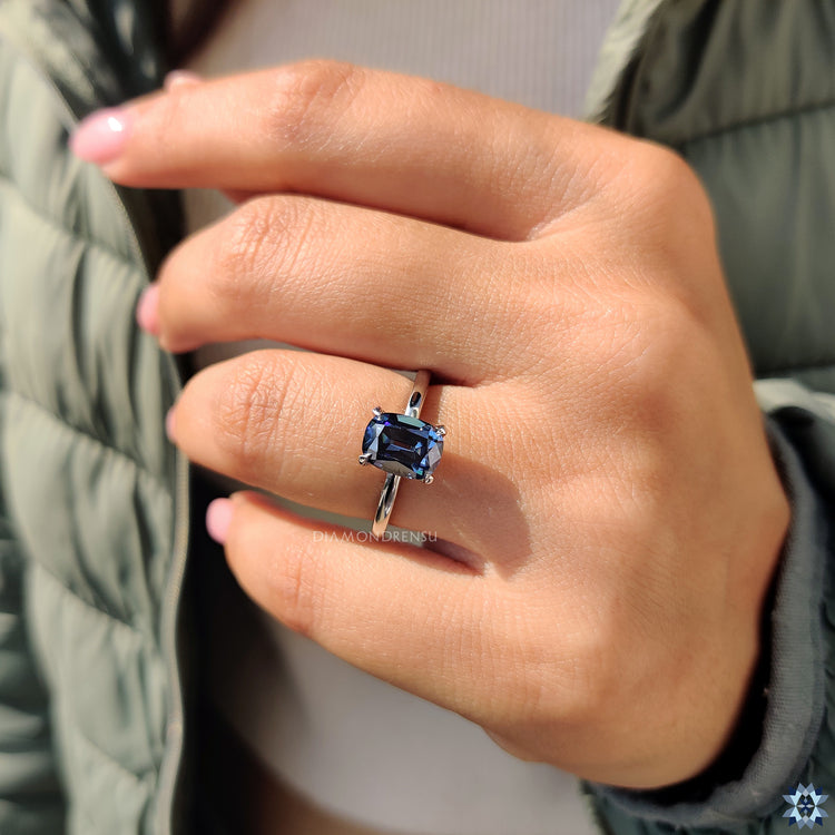 Old Mine Cushion Cut Blue Moissanite Ring with Claw Prongs
